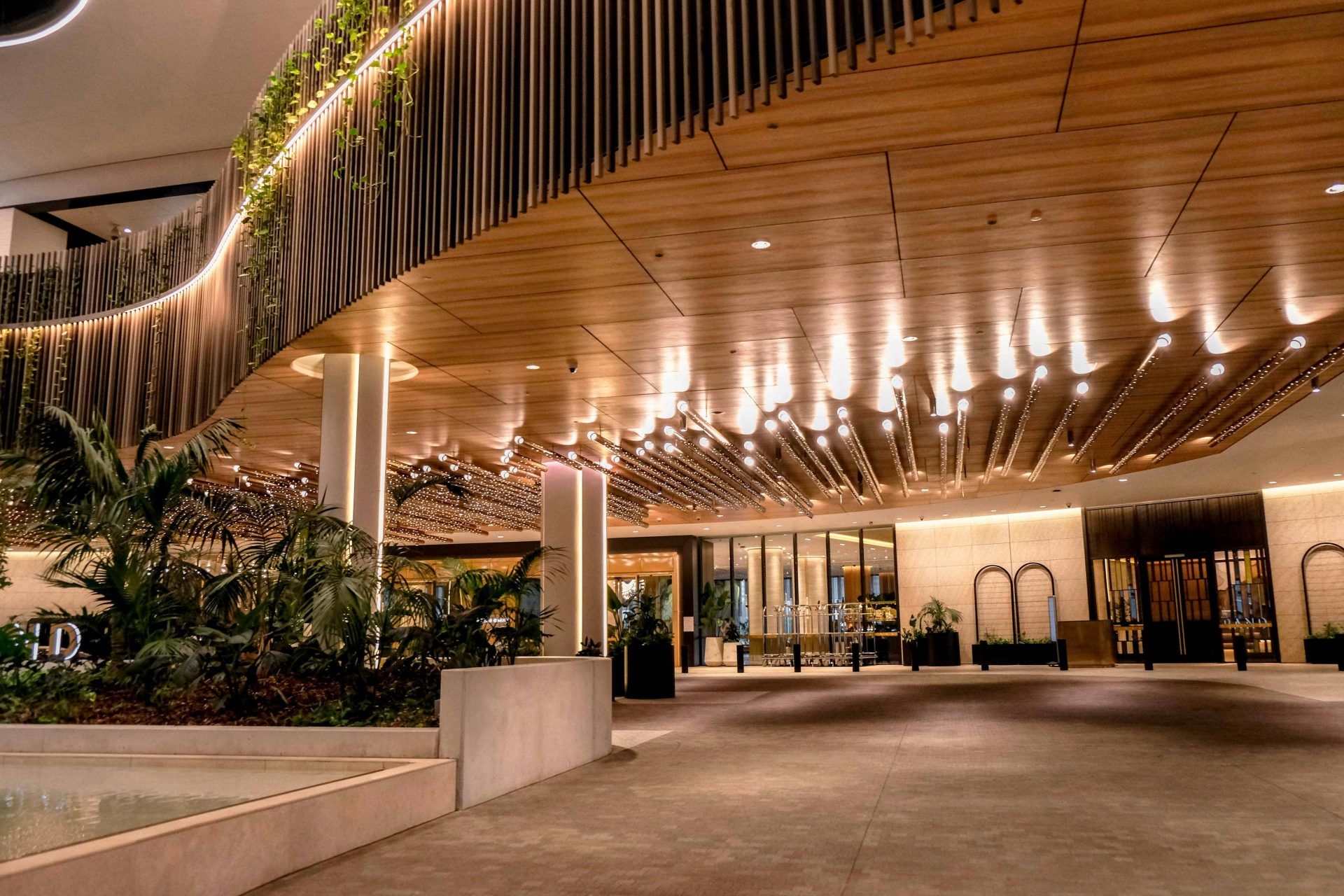 Modern building interior with wood accents and plants